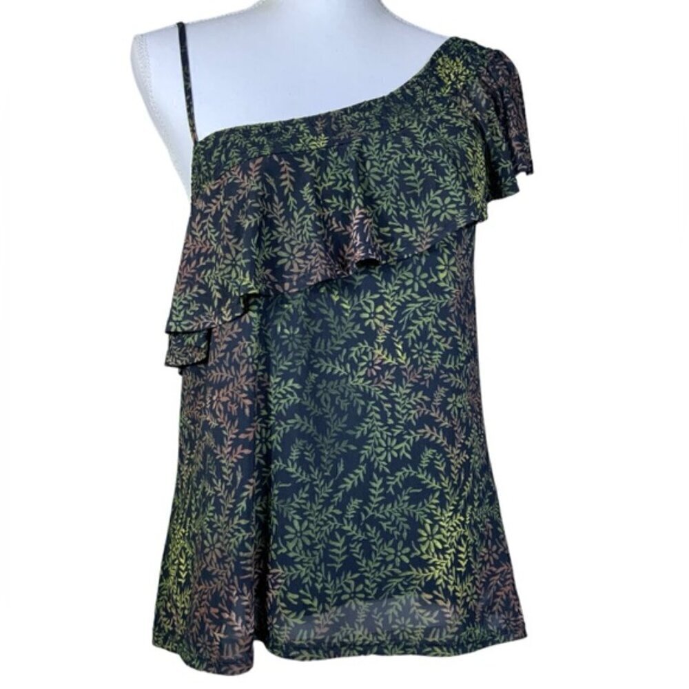 Suzy Shier One Shoulder Top Flutter Sleeve Chic Blouse Black Green Women Medium - Picture 16 of 16